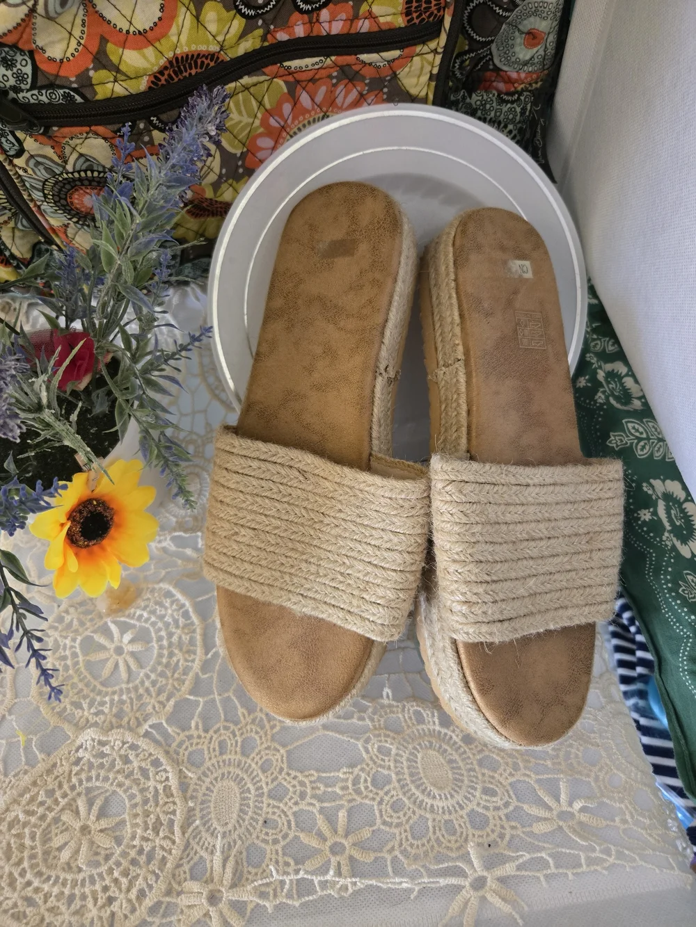 4/$15 Beach Cottage Neutral Rope Platform Slide Sandals Women Shoes Sz 10